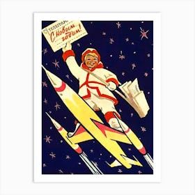 Newspaper Boy On Space Rocket, Soviet New Year Greeting Art Print