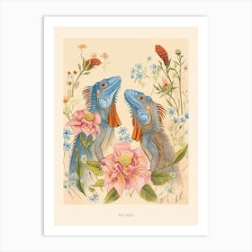 Folksy Floral Animal Drawing Iguana Poster Art Print