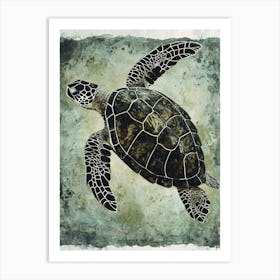 Dark Green Vintage Sea Turtle Painting Art Print