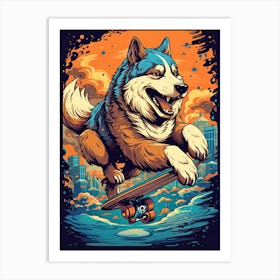 Alaskan Malamute Dog Skateboarding Illustration 2 Art Print