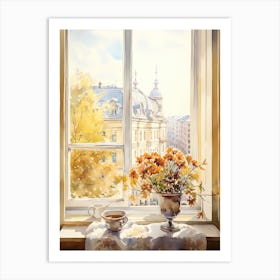 Window View Of Riga Latvia In Autumn Fall, Watercolour 3 Art Print