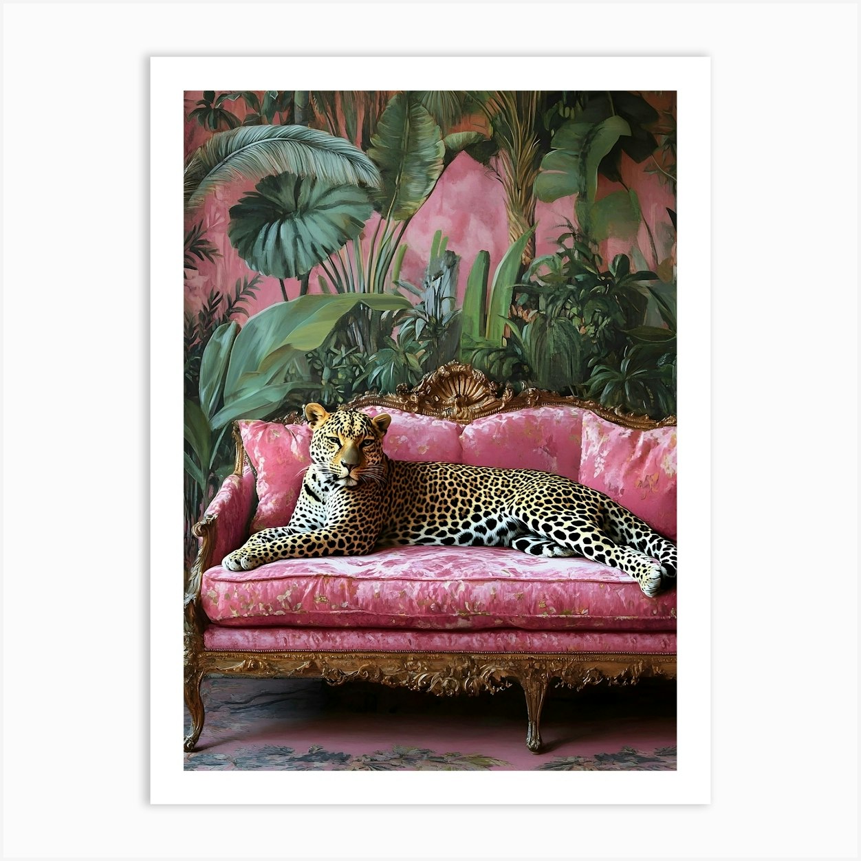 Leopard On A Pink Couch, Cheetah in Pink Sofa, Pink Trendy Art Art Print by Vibrant Vintage