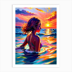 Girl Swimming In The Sea, Beautiful Sunset Acrylic Paint Art Print