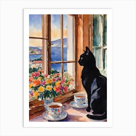 Black Cat by The Window Gazing at The Italian Riviera - Traditional Watercolor Art Print Kitty Travels Home and Room Wall Art Cool Decor Klimt and Matisse Inspired Modern Abstract Flowers Awesome Cool Unique Pagan Witchy Witches Familiar Gift For Cats Lady Animal Lovers World Travelling Genuine Works by British Watercolour Artist Lyra O'Brien Art Print