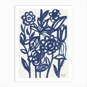 Abstract Linear Floral Dark Blue Art Print