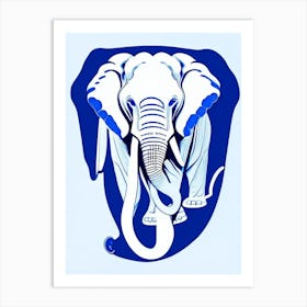 Elephant And Lotus Symbol Blue And White Line Drawing Art Print