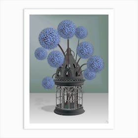 Blue Allium Flowers In An Antique Candle Lamp Art Print