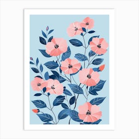 Pink Flowers On A Blue Background Art Print