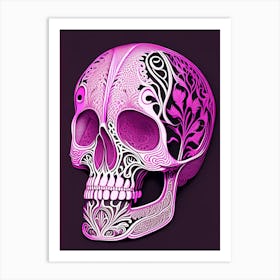 Skull With Intricate Linework 2 Pink Line Drawing Art Print