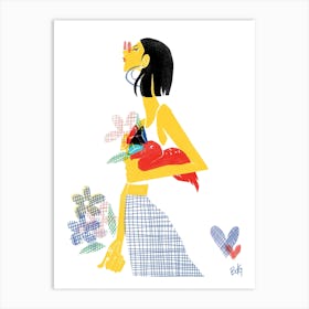 Girl With Flower And Duck Art Print