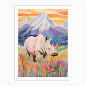 Patchwork Floral Rhino With Mountain In The Background 6 Art Print