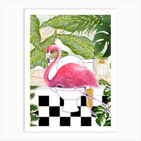 Flamingo on Toilet Funny Animal Bathroom Art Print