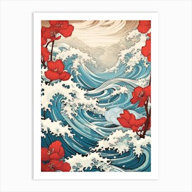 Great Wave With Lily Flower Drawing In The Style Of Ukiyo E 2 Art Print