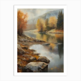 Autumn Lake,Forest Lake, Vintage Oil Painting, Farmhouse Wall Decorations, Antique Landscape, Vintage Landscape Oil Painting.5 3 Art Print