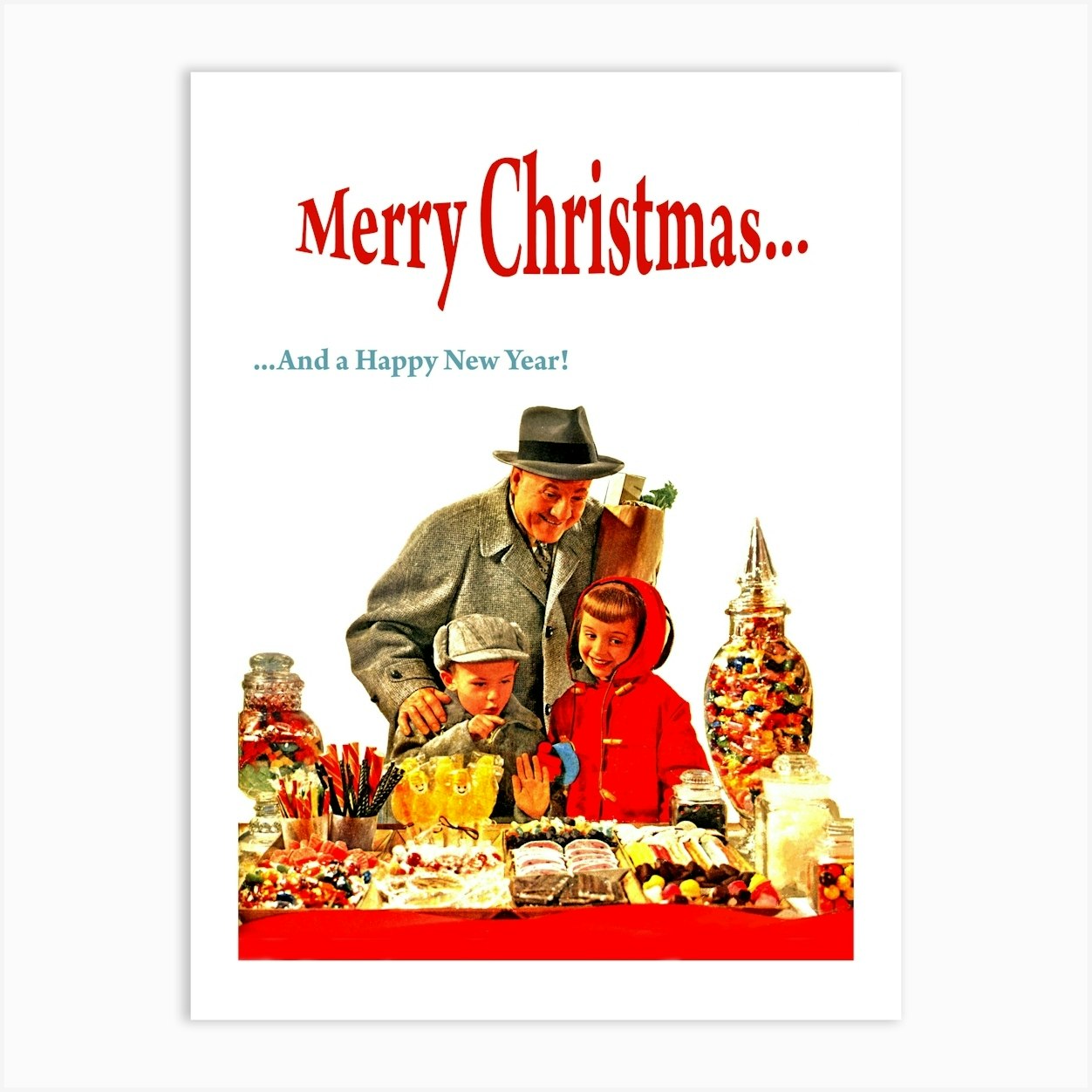 Grandpa With Kids, Marry Christmas, Vintage Poster Art Print by Vintage Spirit