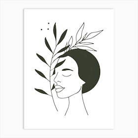 Woman With Leaves On Her Head Minimalist Line Art Monoline Illustration Art Print