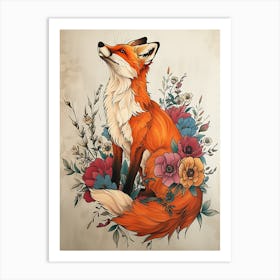 Amazing Red Fox With Flowers 26 Art Print