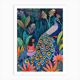 Folky Floral Peacock At Night With The Plants 2 Art Print