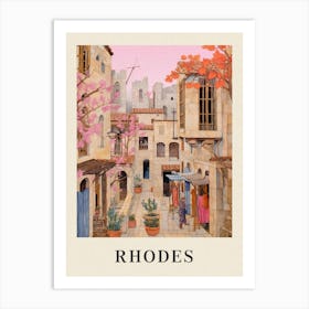 Rhodes Greece 3 Vintage Pink Travel Illustration Poster Art Print