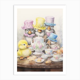 Duckling Tea Party Pencil Illustration 1 Art Print