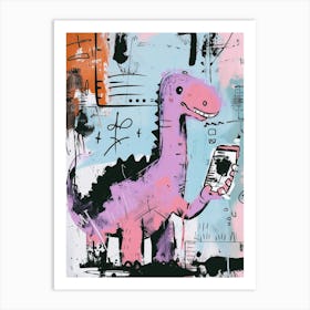 Dinosaur On A Smart Phone Pink Lilac Graffiti Style 4 Art Print