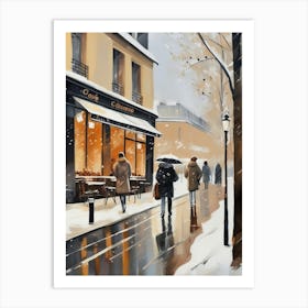 Paris cafes, winter season, Christmas, autumn oil colors, pale colors, pedestrians in the street, winter clothes, falling snow.Christmas decorations.8 1 Art Print