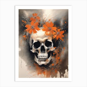 Abstract Skull Orange Flowers Painting (5) Art Print