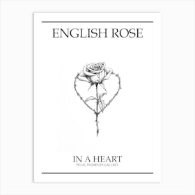 English Rose In A Heart Line Drawing 2 Poster Art Print