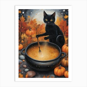 Blessed Samhain ~ Black Cat Stirring Pumpkin Soup on Halloween by Sarah Valentine Art Print