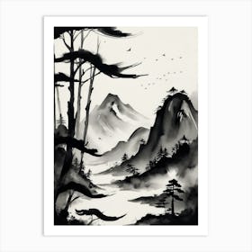 A Painting Of Mountains And Trees With Birds Flying Around Art Print