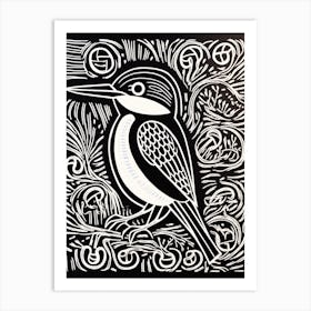 B&W Bird Linocut Kingfisher 1 Art Print