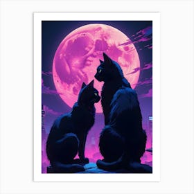 Two Black Cats Silhouetted Under A Pink Moon In A Neon Cityscape Art Print