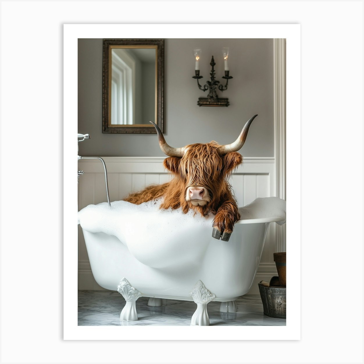 Highland Cow Taking A Bubble Bath Bathroom Art Print by NordicDesignHouse