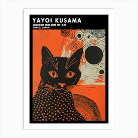 Yayoi Kusama Inspired Samurai Cat In Burnt Orange Art Print