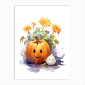 Cute Ghost With Pumpkins Halloween Watercolour 146 Art Print