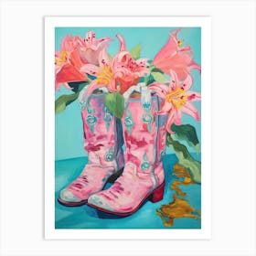 Oil Painting Of Pink And Red Flowers And Cowboy Boots, Oil Style 4 Art Print