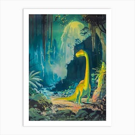Cute Dinosaur In A Cave At Night Vintage Storybook Style Art Print