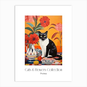 Cats & Flowers Collection Protea Flower Vase And A Cat, A Painting In The Style Of Matisse 1 Art Print