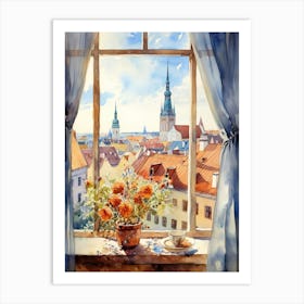 Window View Of Tallinn Estonia In Autumn Fall, Watercolour 3 Art Print