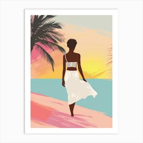 Woman Walking On The Beach At Sunset Art Print