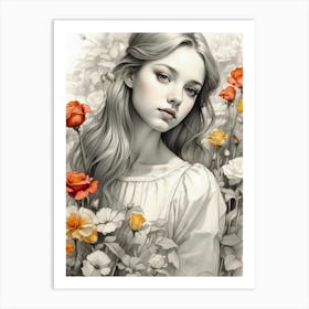 Girl In Flowers Art Print