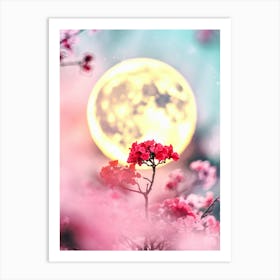 Full Moon With Pink Flowers Art Print