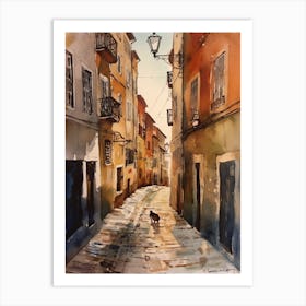 Painting Of Lisbon Portugal With A Cat In The Style Of Watercolour 3 Art Print