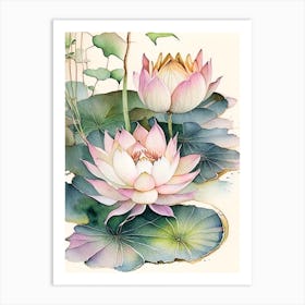 Lotus Flowers In Park Watercolour Ink Pencil 1 Art Print