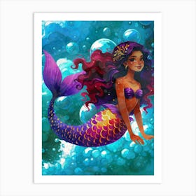 Mermaid, latina, Melanin, cute, curly, underwater, bubbles, blue, ocean, sea, kids Art Print
