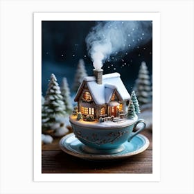 Miniature Winter Cottage Nestled Inside A Steaming Cup Delicate Smoke Whimsically Rising To Reveal (1) Art Print