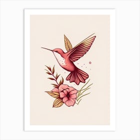 Hummingbird And Flowers Retro Minimal 2 Art Print