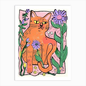 Cute Orange Cat With Flowers Illustration 2 Art Print