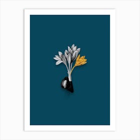 Vintage Autumn Crocus Black and White Gold Leaf Floral Art on Teal Blue n.0989 Art Print