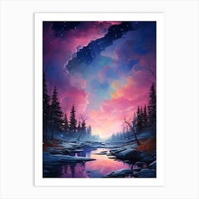 Pink and Blue Evening Sky over the Water and Trees Art Print